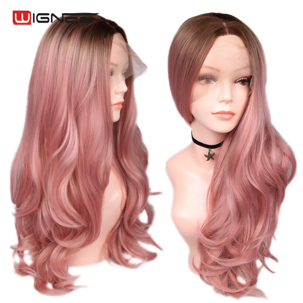 

Wignee Middle Part Long Wavy Hair Lace Front Synthetic Wig For Women 2 Tone Ombre Pink Rose Gold Hair High Density Female Wigs