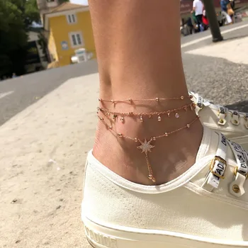 

New Anklet Fashion Jewelry Popular Beach Handmade Multi-layer Round Crystal Anklets For Women Seaside Anklet Wholesale
