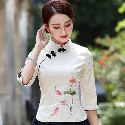 Camisa Китай Mujer лето узор улучшить Cheongsam рубашки Топы Вышивка костюм для выступлений короткий рукав Китай одежда XXXL 4XL - Цвет: half sleeve beige