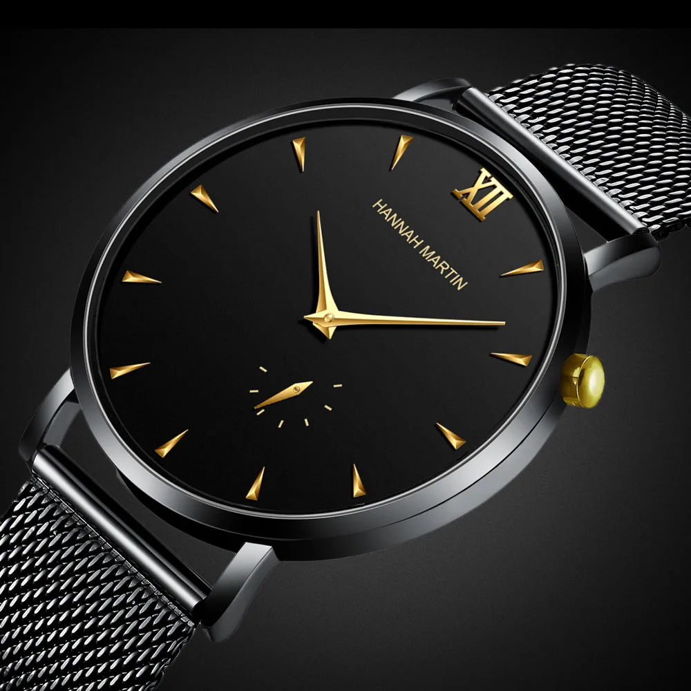 

Hannah Martin Creative Wristwatch Mens Black Steel Ultra Thin Sports Watches Man Waterproof Clock Luxury Golden Clock Relogio