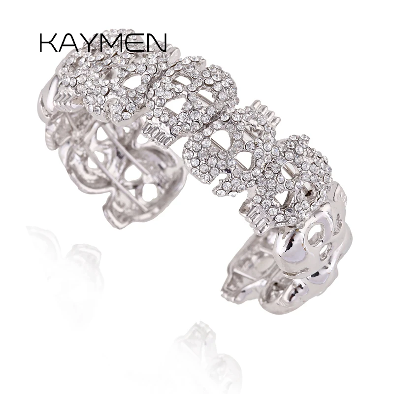 

KAYMEN New Full Rhinestones Skeleton Skull Cuff Bangle Bracelet for Girl Golden or Silver Plated Punk Style Bangle Jewelry