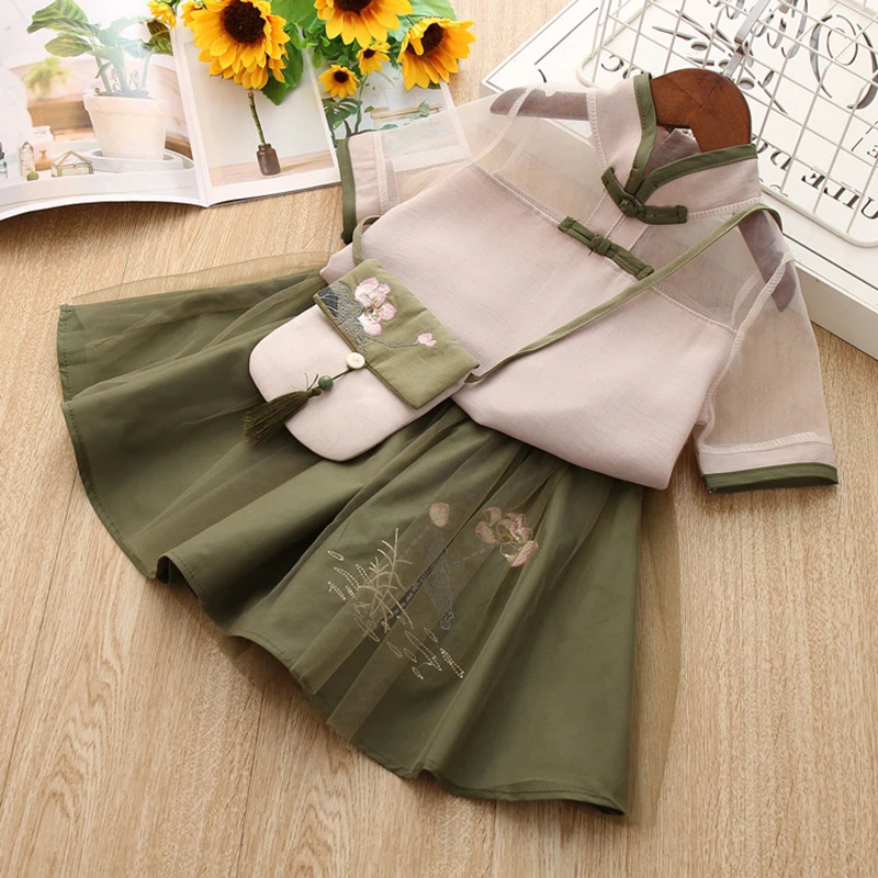 

Girls Clothing Suits 2019 New Chinese Style Children Princess Girl Lotus Embroidery Top + Umbrella Dress With Bag Clothing Suits