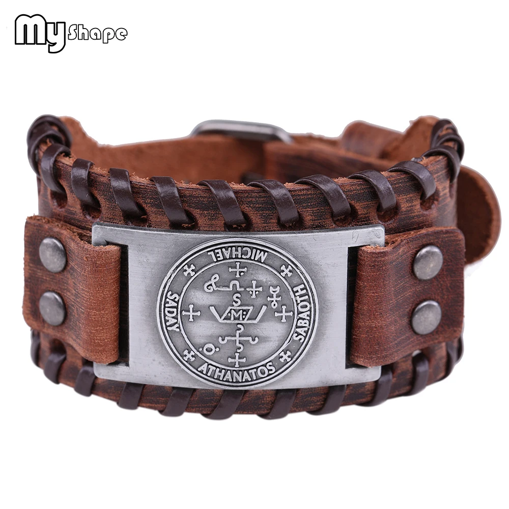 

My Shape Punk Archangel Genuine Leather Bracelet Amulet Courage Power Strength Cuff Bangle Wristband Bracelets solomon jewelry