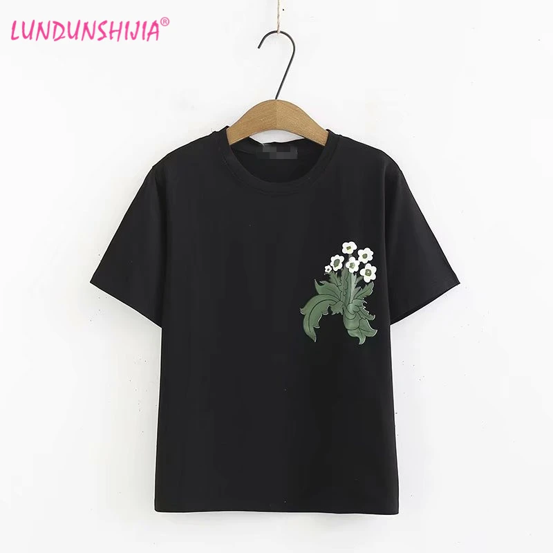 

LUNDUNSHIJIA 2019 Summer Women Black Cotton T-shirts Flowers Printed Tops O-neck Short Sleeve Fashion Tees Top Female T-shirt