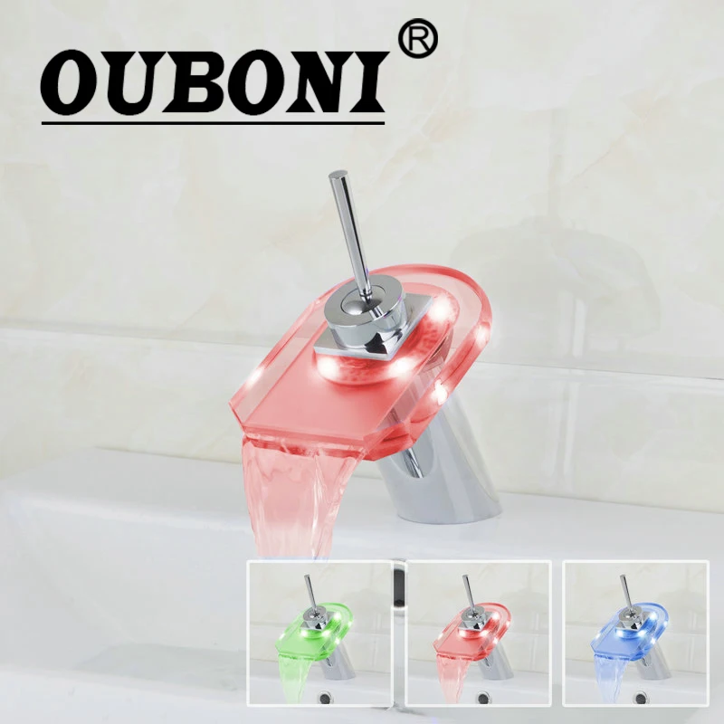 OUBONI Glass Square LED Bathroom Basin sink Faucet waterfall bathroom vanity Mixer Tap Chrome Bathroom Faucets,Mixers & Taps OUBONI Glass Square LED Bathroom Basin sink Faucet waterfall bathroom vanity Mixer Tap Chrome Bathroom Faucets,Mixers & Taps