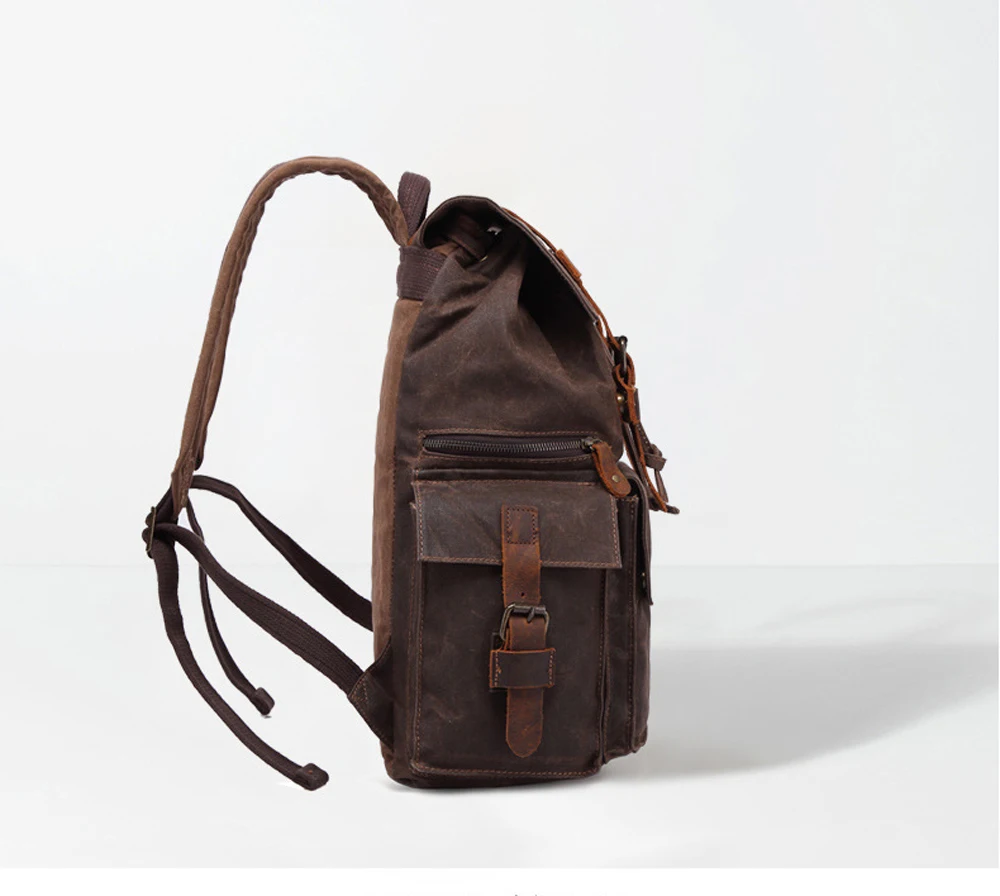 SIDE DISPLAY of Woosir Waterproof Canvas Genuine Leather Backpack
