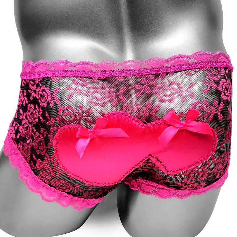 

Mesh Wetlook See Through Sissy Men Boxer Panties Sexy Lingerie Underwear Lace Ruffles Heart Back High quality Male Shorts Boxers