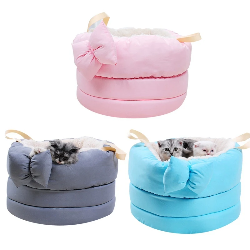 1piece Cute Bow Cats Dogs Houses Warm Durable Pet Cats Beds Comfortable