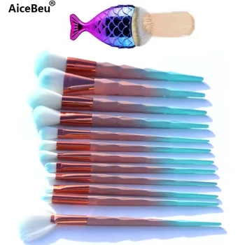 

AiceBeu 7/10/12Pcs Diamond Rainbow Face & Eye Professional Make Up Brush with 1pc Big Fish Scales Mermaid Brushes Set