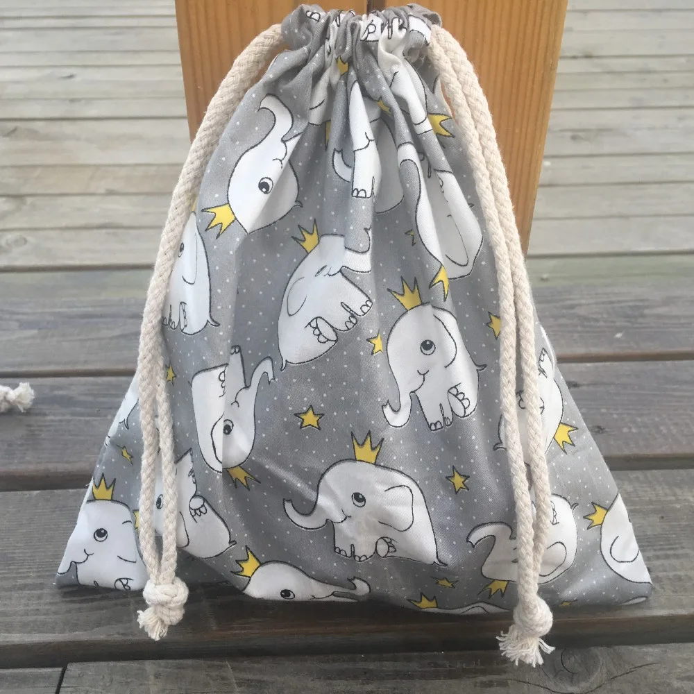 

1pc Cotton Twill Drawstring Organizer Bag Party Gift Bag Print Elephant Gray Base YL408c