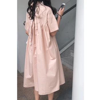 

Z-ZOUX Women Dress Cotton White Dress Short Sleeve Back Bow Long Dress Loose Leisure Summer Dresses Women Summer Clothes 2019