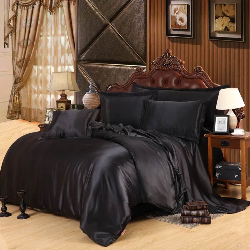 Solid Black Duvet Covers Cool Summer Luxury Jacquard Satin Silk Plain Duvet Cover Bedding For