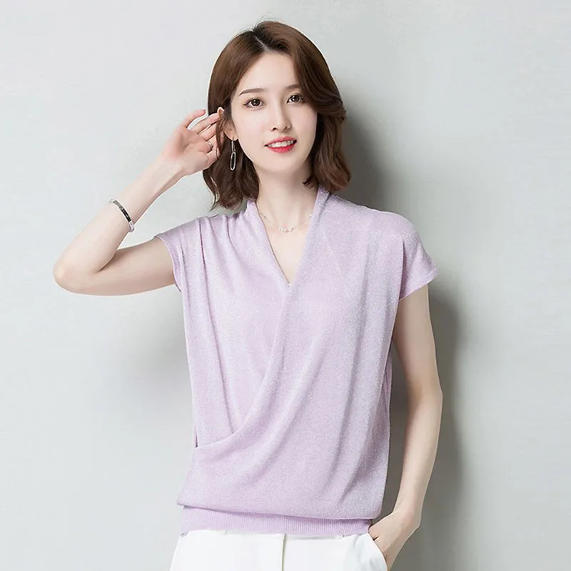 

Summer Pullover Tops Women Knitted V-Neck Fashion Sleeveless Ice Silk Pull Ladies High Quality Jumper Causal Pullovers Sweaters