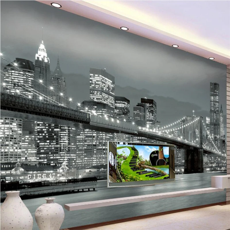 wellyu  papier peint  wallpaper for walls 3 d Custom wallpaper  New York Bridge Architecture Night view TV wall murals behang 3d effect city night view large mural wallpaper wall painting living room bedroom door mural sticker pvc waterproof wall paper