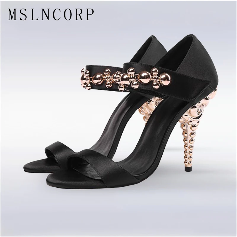 

Size 34-44 Fashion Genuine Leather Metal flower high heels open toe women sandals Summer sexy ladies ankle strap pumps shoes New