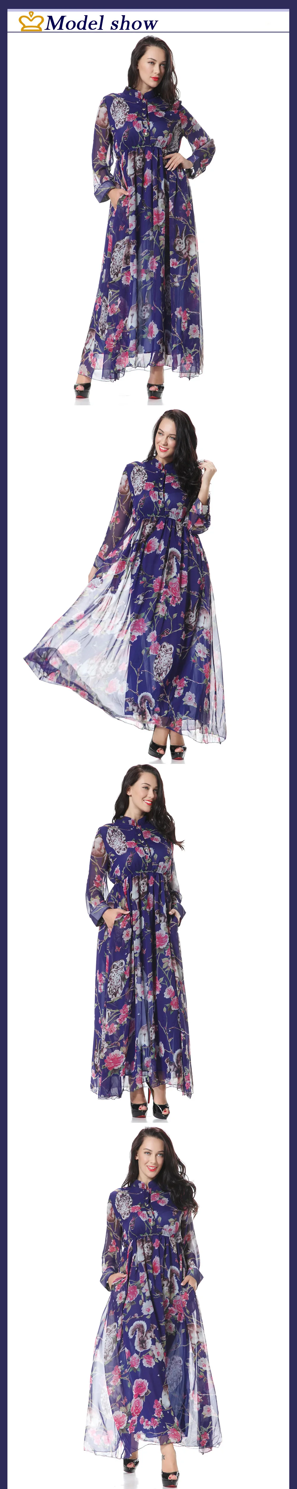 Модные мусульманское платье-Абая в мусульманская одежда для Дубай Костюмы для Для женщин мусульманское Абая, головной платок Djellaba халат Цветочный принт платье 3033