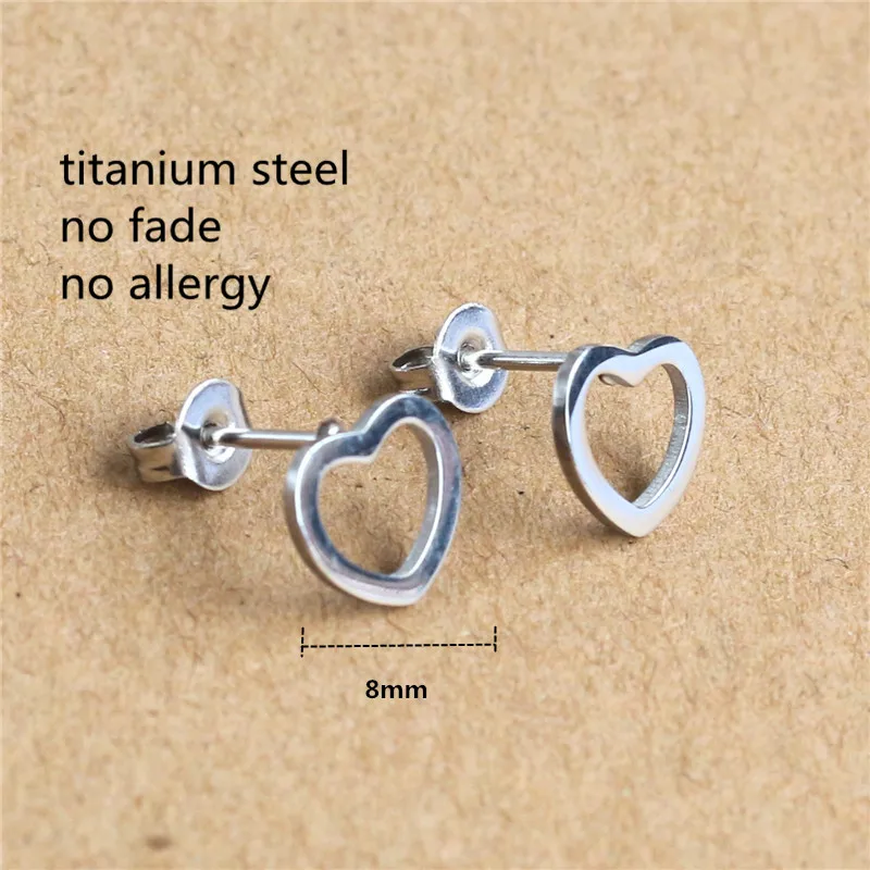 316L Titanium Stainless Steel Stud Earrings Heart Hollow Out Shape 8mm