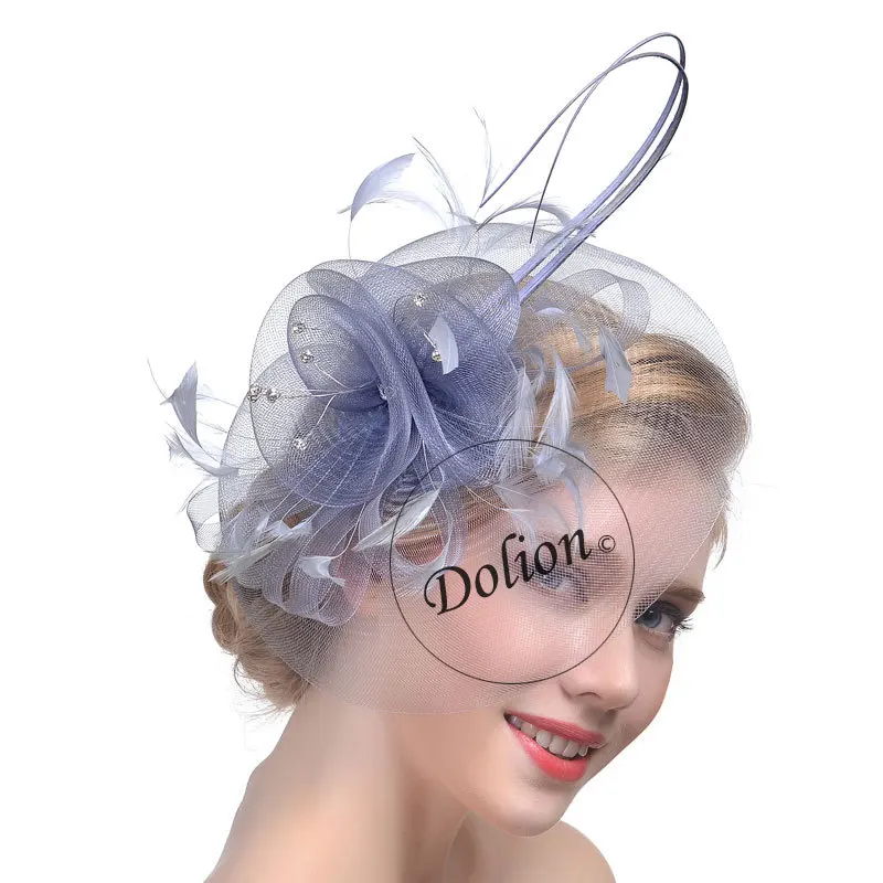 سيدة بريطانية فيدورا قبعة بنات حزب fascinator سباقات الخيل ريشة قبعة العروس الشعر التبعي صافي غزل الشعر headwear B-8296