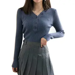 Мода 2019 новый весенне-осенний вязаный свитер для женщин с длинным рукавом с v-образным вырезом сексуальный тонкий офисный женский Кнопка