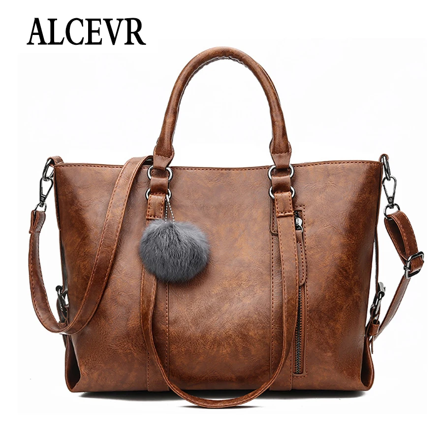 

ALCEVR Hairball New Pu Leather Handbag Hign Capacity Vintage Casual Shoulder Bags for Women Belt Buckles Shopping Tote Bolsos