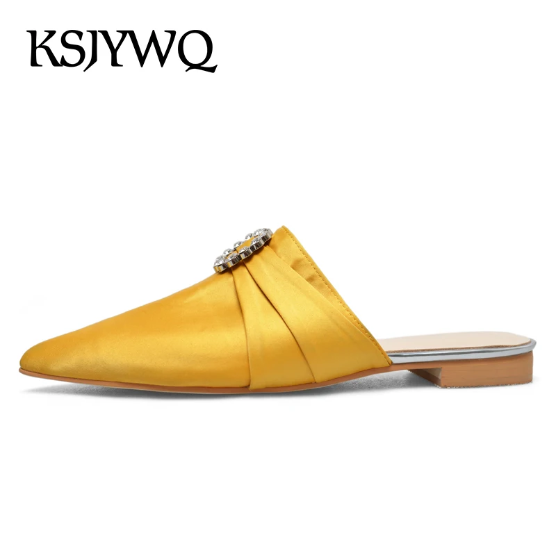 

KSJYWQ Yellow Plus Size Women Mules 2CM Low Heels Sexy Ladies Pointed-toe Designer Shoes Summer Party Slippers Box packing 8-685