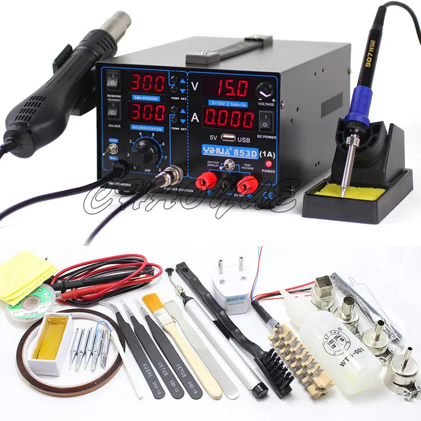 

YIHUA-853D 1A  3 In 1 Soldering Station + Soldering Iron + Power Supply + Tweezers wand rosin core heating tape