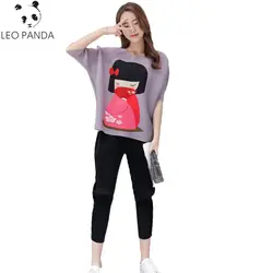 2019 женский модный комплект из двух предметов, пуловер с рисунком и круглым вырезом, Футболка с рукавами «летучая мышь» + черные штаны до