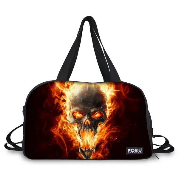 

Fire Skull Punk Travel Bags For Man Hand Luggage Waterproof Tote Shoulder Duffle Bag With Shoes Pocket Male Adult Canvas