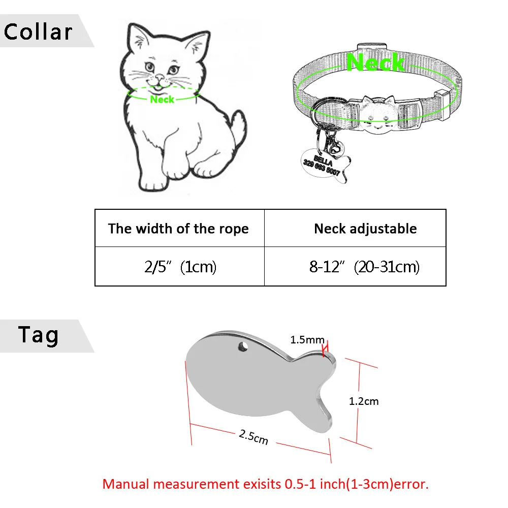 Быстроразъемный ошейник для кошки, персонализированный ошейник для кошек, котенок с выгравированным изображением рыбы, идентификационная бирка, ожерелье с колокольчиком