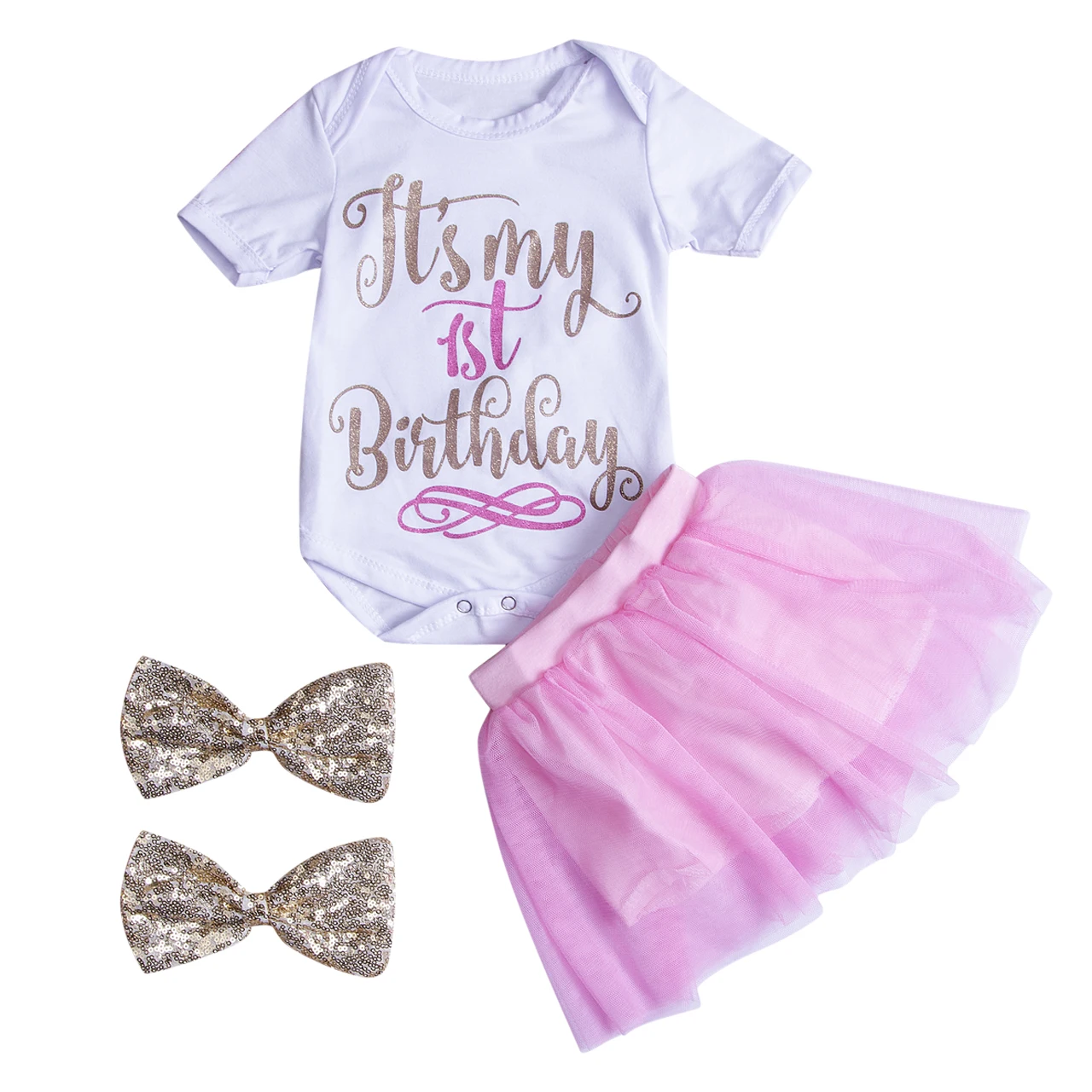 

Birthday Formal 3Pcs Toddler Baby Girls Kids Romper Tops+Shorts Skirts Clothes Headband Outfits