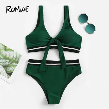 Romwe спортивный зеленый узел спереди полосатые ленты Топ Бикини с клешеные штаны с высокой талией из двух частей костюм Для женщин летом пров...