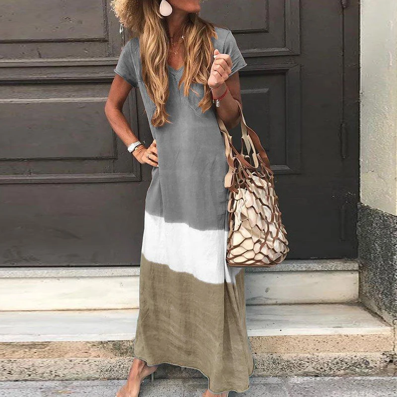 

Ladies Dress Casual Summer contrast Maxi dress Fashion Beach Straight Sundress Long Stripes V neck Loose Printed dresses women