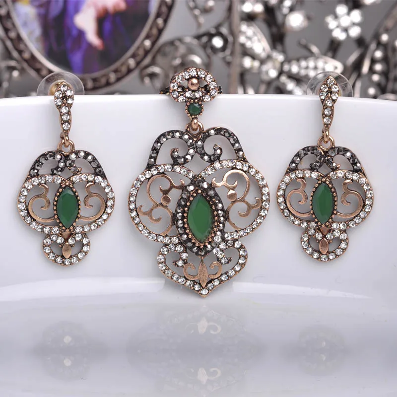 Blucome классический цветок зеленый ожерелье кулон серьги ювелирный набор Смола Кристалл турецкий Bijoux для женщин Свадебная вечеринка Bijuterias - Окраска металла: green