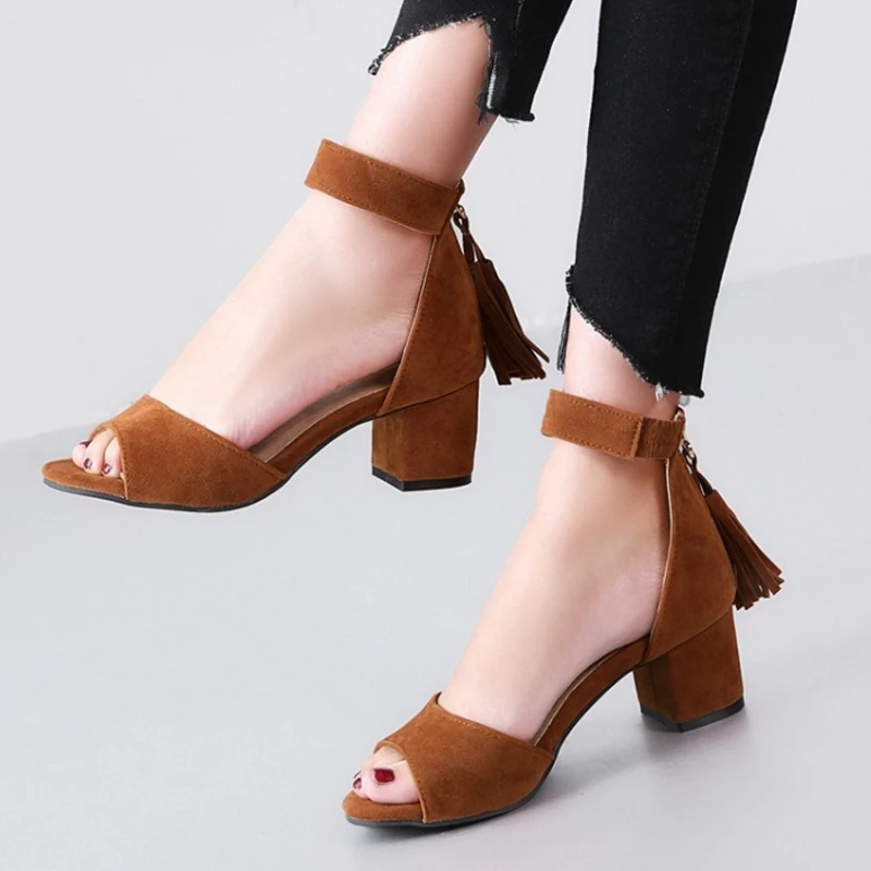 

Lapolaka Small Big Size 30-47 Hot Sale Fringes Women Shoes Woman Concise Square Med Heels Date Party Woman Sandals Female Shoe