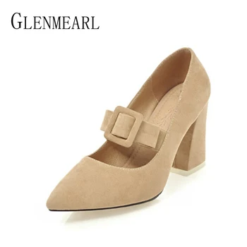 

Suede Women Heels Shoes Pumps Fashion Brand Black Spring Thick High Heels Single Ladies Wedding Pumps Shoes Plus Size 34-46