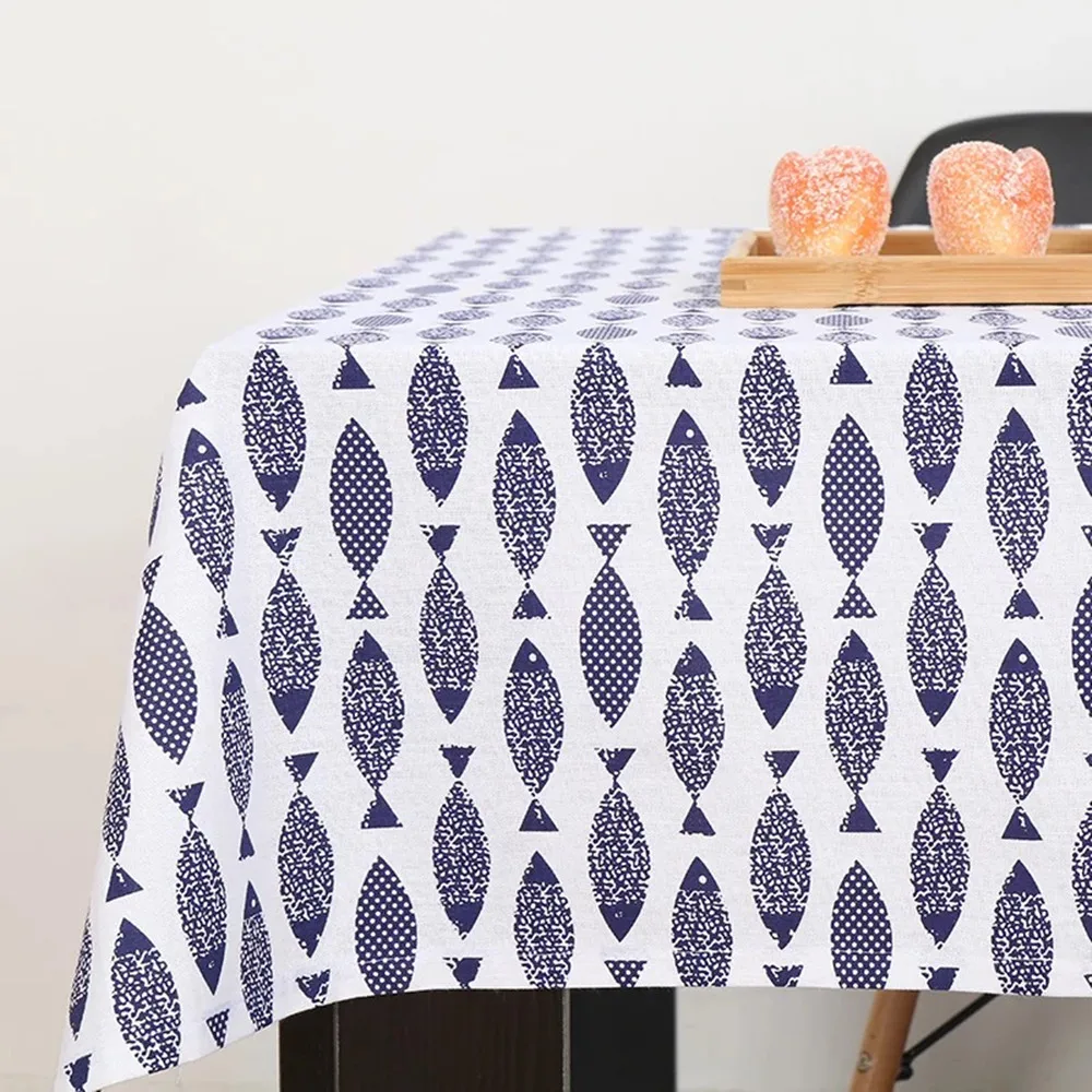 Square Natural Cute Fish Tablecloth Cotton Linen Customizable Table