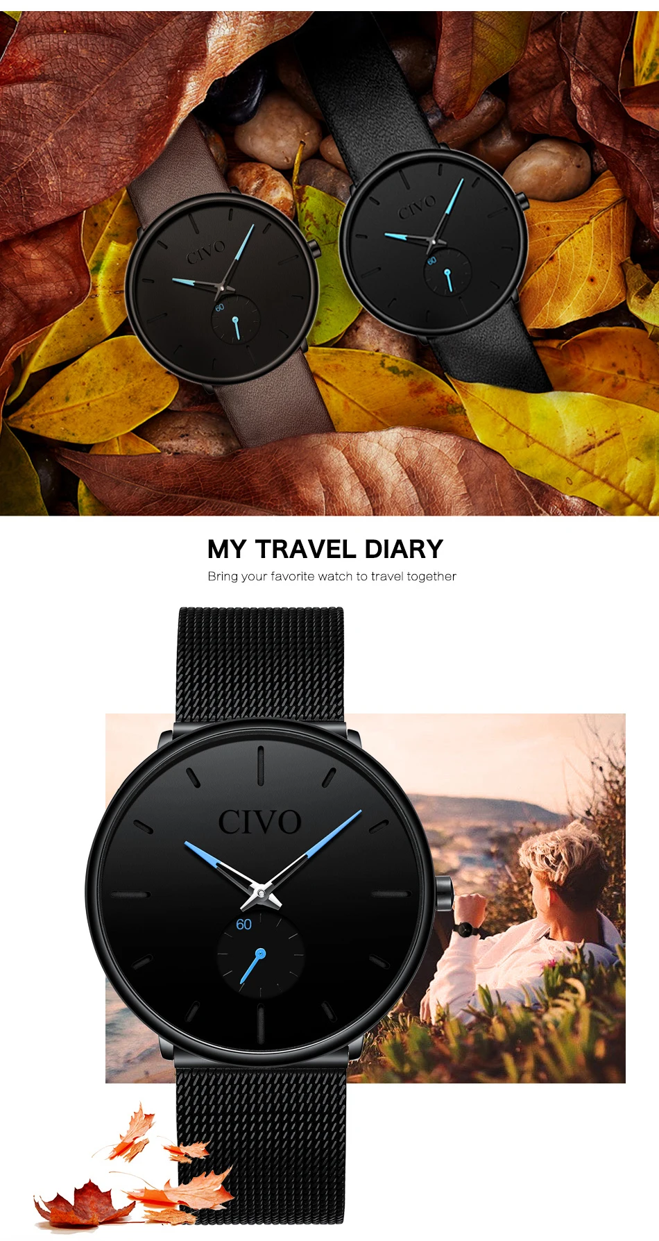 CIVO модные ультра тонкие мужские s часы лучший бренд класса люкс водостойкие черные стальные сетчатые кварцевые наручные часы для мужчин простые ручные часы