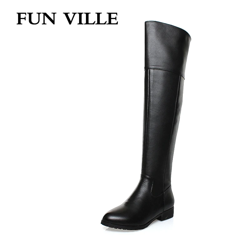 

FUN VILLE 2017 New Fashion winter Women over the knee Boots Genuine leather + PU Ladies botas shoes Square toe Zipper size 34-42