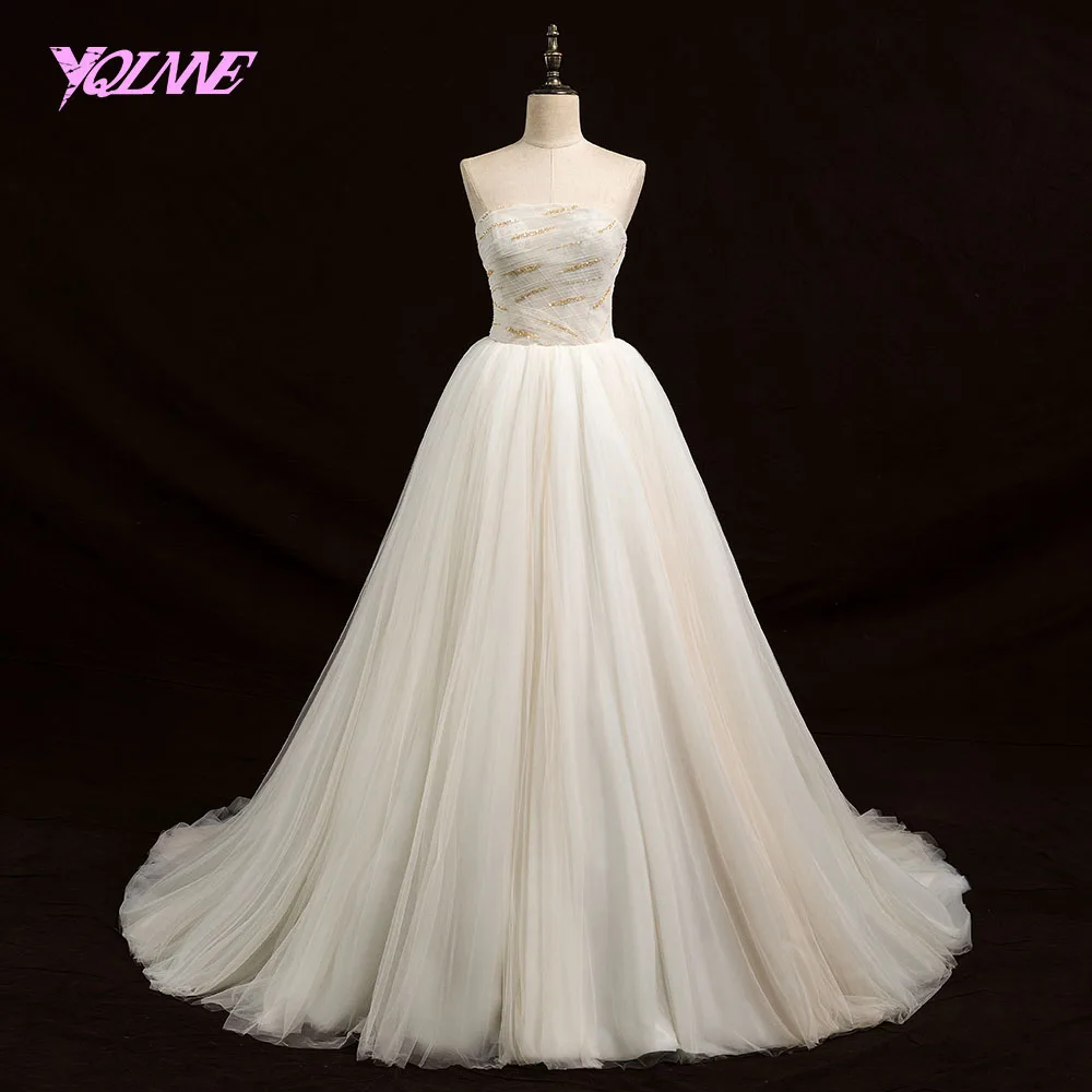 

YQLNNE Light Champagne Wedding Dress 2018 Strapless Gold Beading Tulle Lace-up robe de mariee