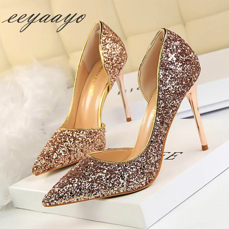 

2019 New Spring/Autumn Women Pumps High Thin Heel Pointed Toe Bling Bridal Wedding Women Shoes Sexy Ladies High Metal Heels