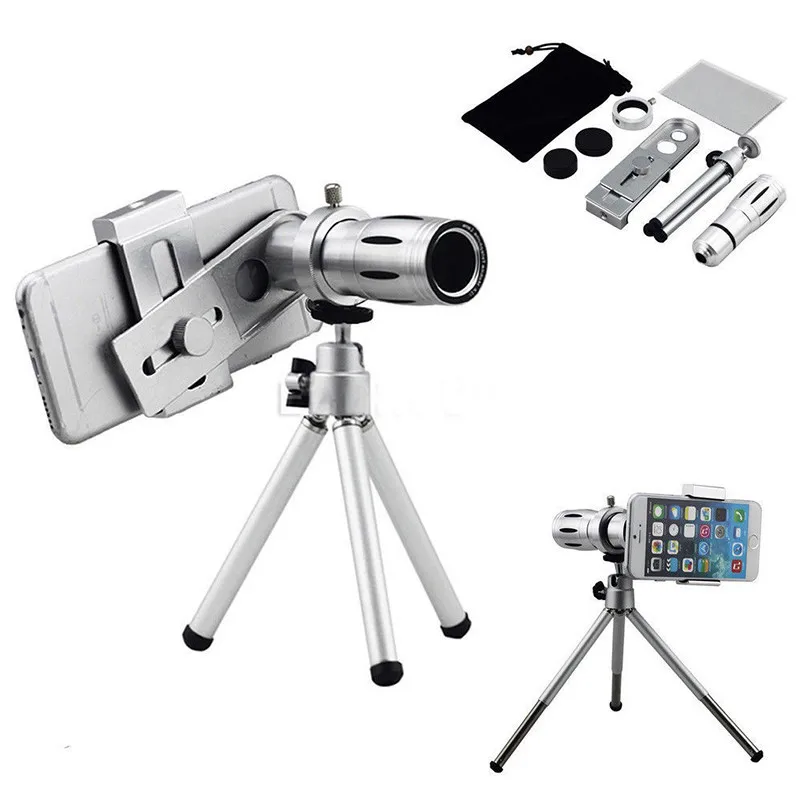 

Phone Lens Kit 12x Zoom Telescope Telephoto Lens Tripod Bluetooth Control Camera Lentes Fish eye Wide Angle Macro Lenses