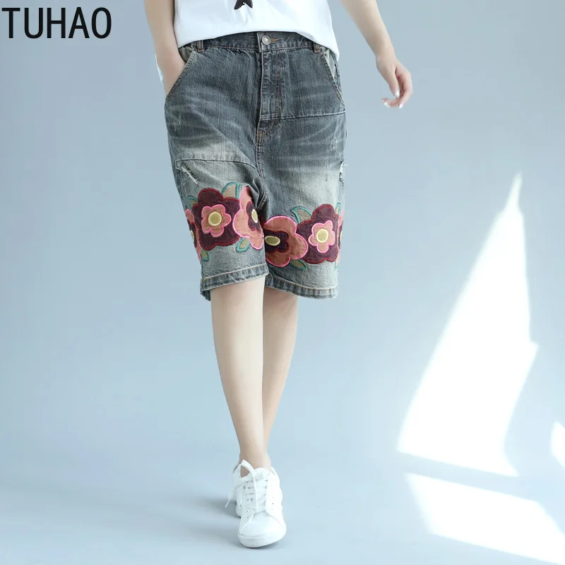 

TUHAO 2019 Summer Large Size Street Style Retro Cross Pants Floral Embroidery Loose Camo Cross Pants Retro Female Clothing LLJ