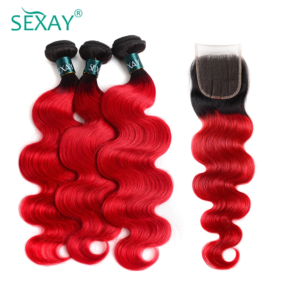 

Sexay Pre-Colored Red Human Hair 3 Bundles One Pack With Closure 1B/Blood Red Peruvian Body Wave Hair Ombre Bundles With Closure