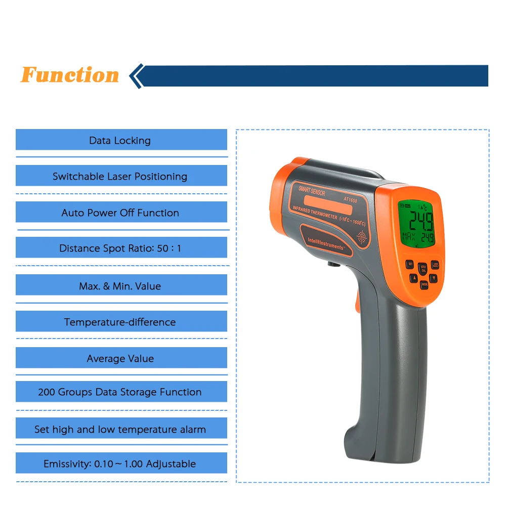 AT1650-18-1650C 20:1 цифровой термостат Инфракрасный термометр ЖК-пирометр+ Backligt C/F измеритель температуры хранение данных