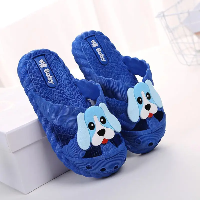 Детские тапочки для мальчиков, летние детские сандалии для девочек, Вьетнамки, домашняя обувь для ванной, Повседневная Нескользящая пляжная обувь для малышей, животное Милая собачка - Цвет: Blue