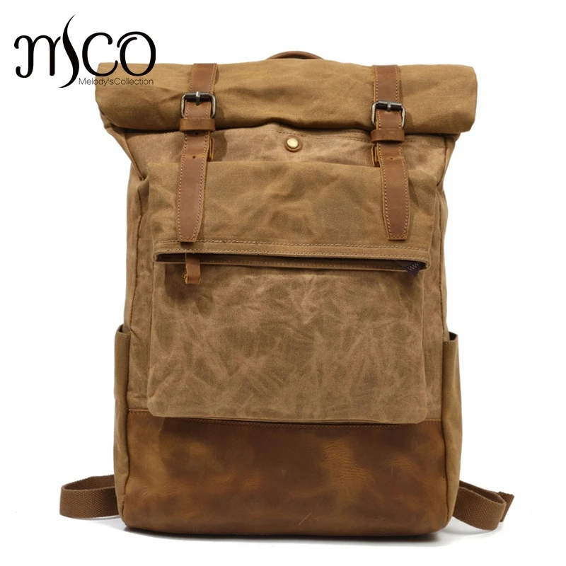 2018 Fashion Men Vintage Waxed Canvas Backpack School Waterproof Travel Bag Double Retro Rucksack DuffelBag Weekender Bagpack