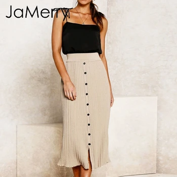 

JaMerry Vintage autumn knitted women skirts Buttons solid midi skirts Elegant ladies bodycon stretch pencil office casual skirts