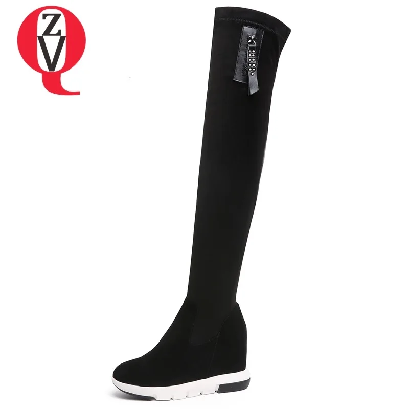 

ZVQ hot sale 2018 new concise super high wedges platform round toe zipper over knee boots winter plush warm black women shoes