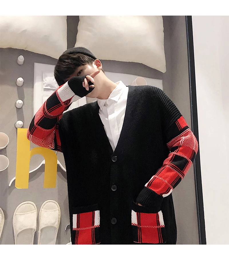 Korean Oversized Sweater Cardigan Men Plaid  (22)