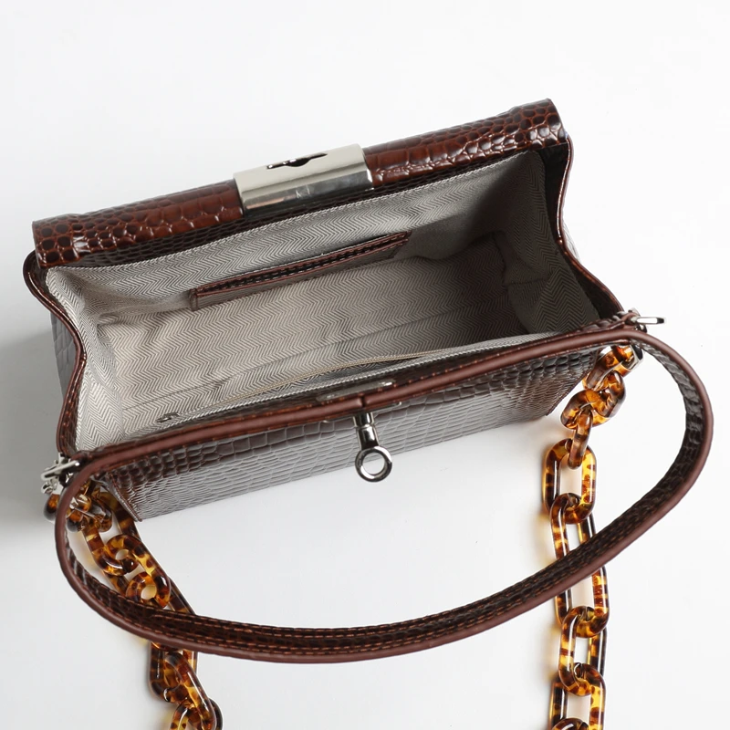 Burminsa Acrylic Strap Genuine Leather Bags Women Crocodile Shoulder Bags Unique Design Small Rectangle Box Female Handbags 2019